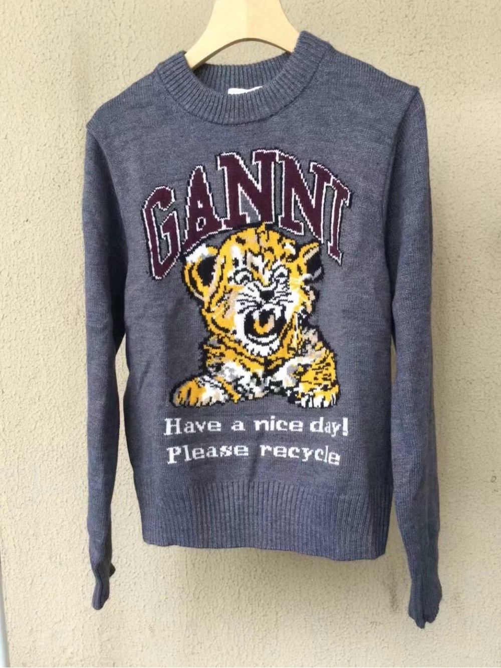 Ganni Charcoal Crewneck Sweater with Yellow Tiger Motif